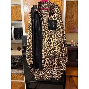 CHICME Leopard Print Oversized Shirt Women XL Black Sequin Detail Button Up‎